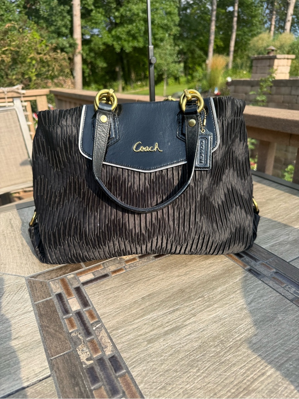 EUC Coach Ashley Gathered Satin Carryall Black Brass Hardware Shoulder Bag - Picture 1 of 10